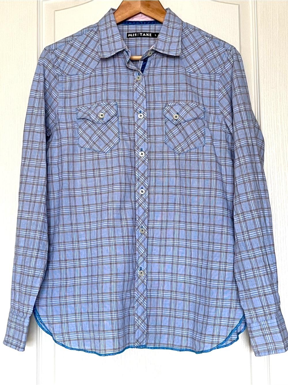 100% Linen Misstake Blue Plaid Button Down Shirt Size L Coastal Grandma Western